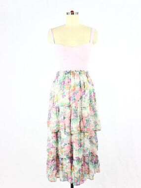 Vintage 80's PARIS CONNECTION Pink Floral Rayon Gauze Tiered Midi Skirt, Size M